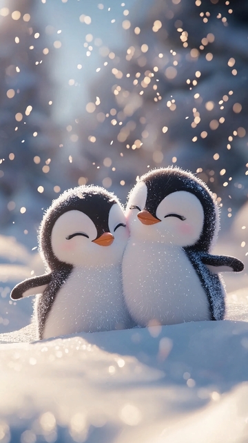 雪中相拥的小企鹅