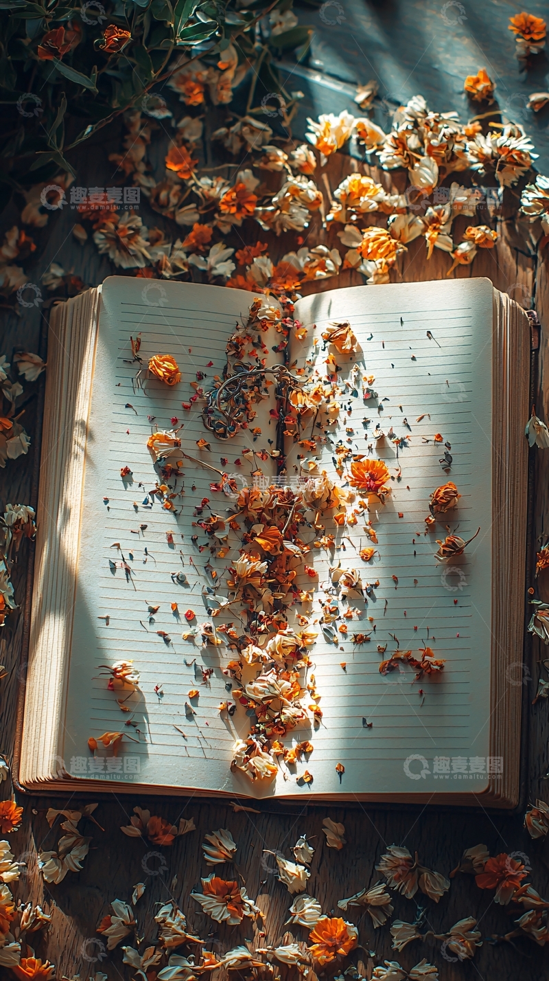 高清大图下载【趣麦麦图】打开的书本上洒满小花