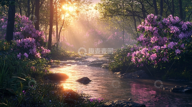 高清大图下载【趣麦麦图】阳光穿透树林照在溪流上