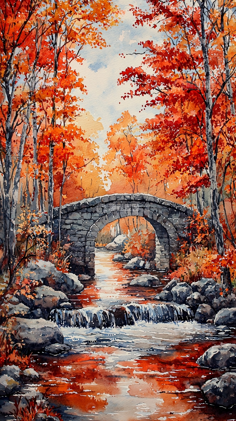 高清大图下载【趣麦麦图】秋色水彩风景画