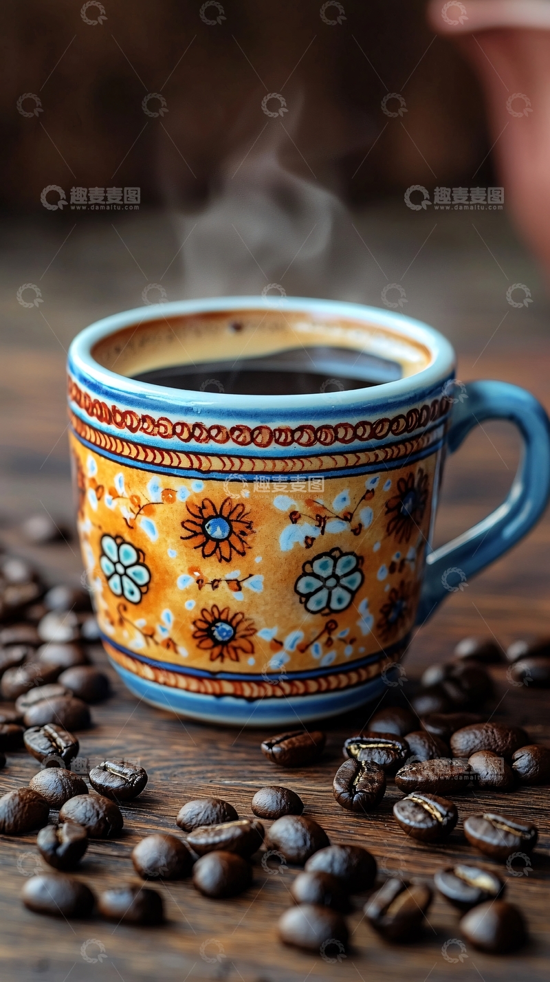 高清大图下载【趣麦麦图】热气腾腾的咖啡和咖啡豆