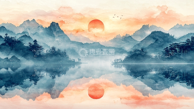高清大图下载【趣麦麦图】山水日出水面倒影的意境