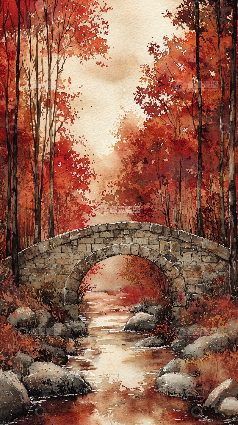 高清大图下载【趣麦麦图】秋日红叶小桥流水