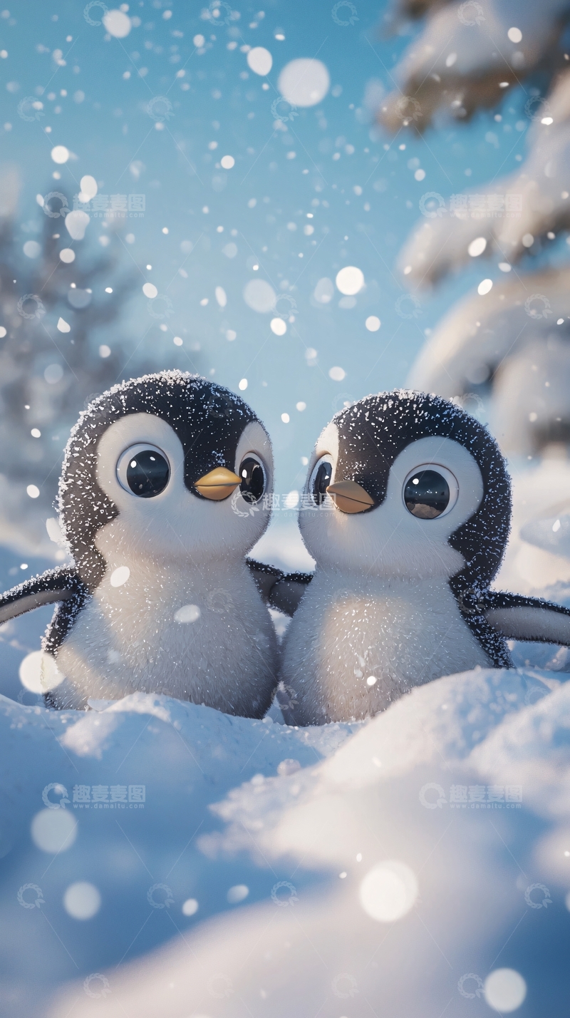 高清大图下载【趣麦麦图】雪地里两只可爱企鹅