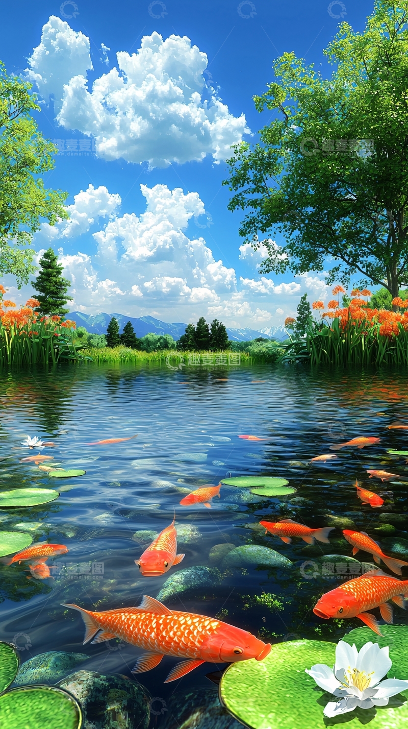 高清大图下载【趣麦麦图】阳光明媚下的鲤鱼池塘
