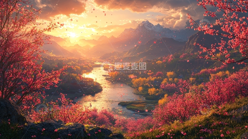 高清大图下载【趣麦麦图】夕阳西下河流山峦