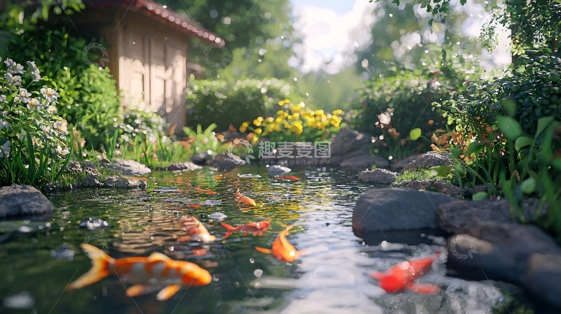 高清大图下载【趣麦麦图】小溪边木屋旁的锦鲤