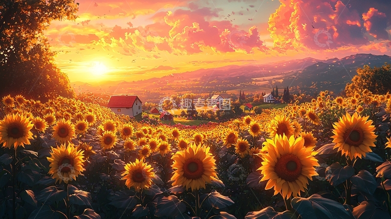 高清大图下载【趣麦麦图】日落向日葵田园风光