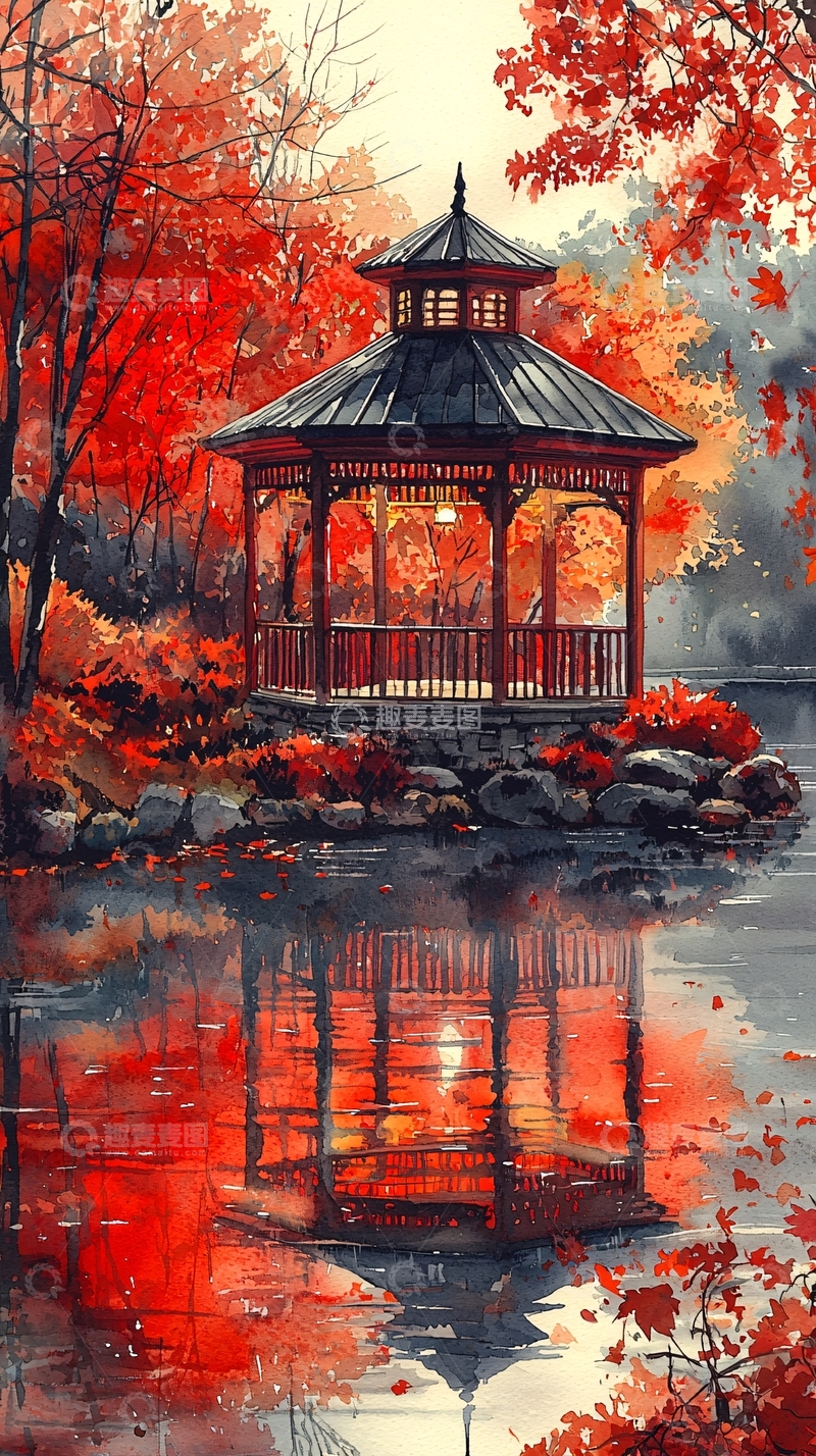 高清大图下载【趣麦麦图】秋日红叶下的湖边亭子