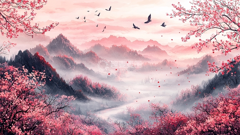 高清大图下载【趣麦麦图】水墨樱花山水粉色意境