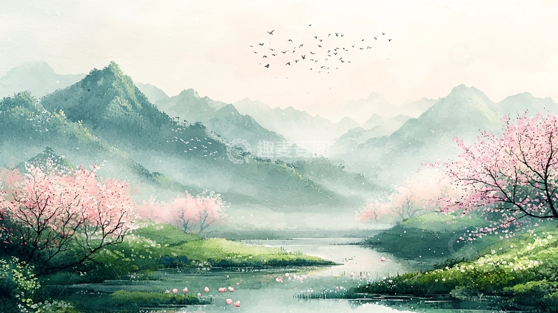 高清大图下载【趣麦麦图】水墨山水桃花唯美意境