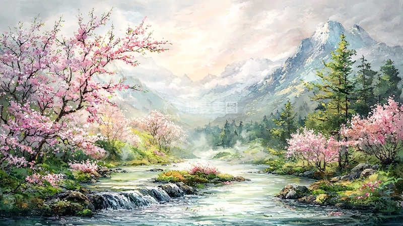 高清大图下载【趣麦麦图】春日山谷溪流