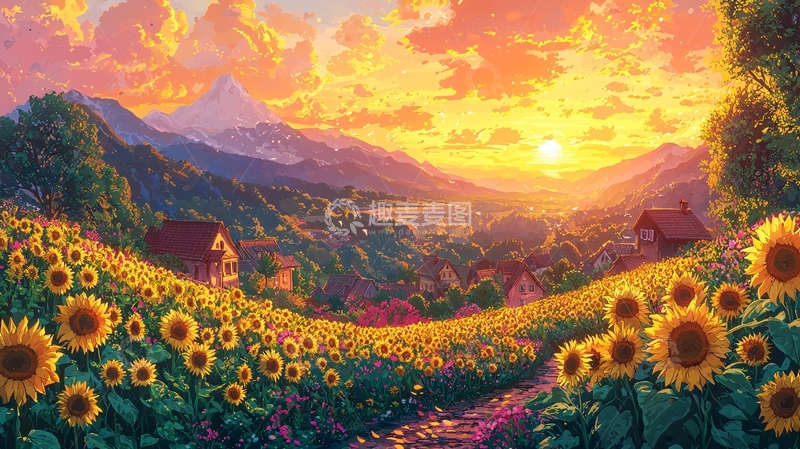 高清大图下载【趣麦麦图】向日葵田园夕阳山景