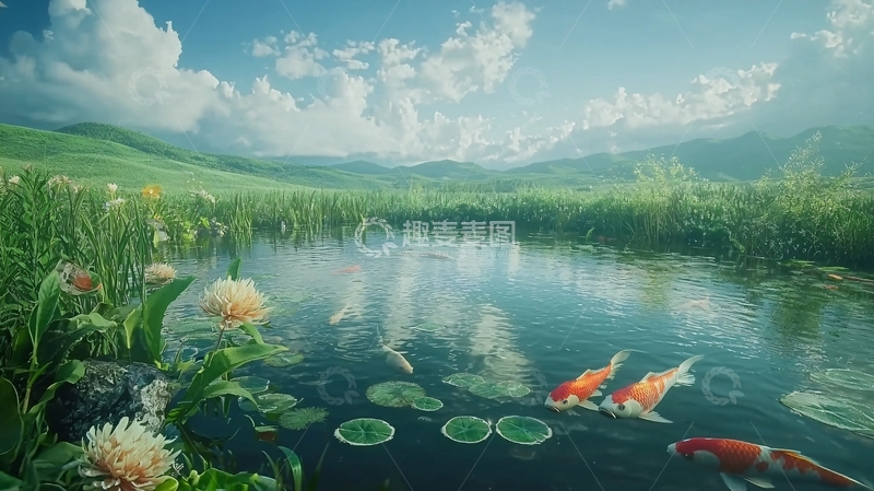 高清大图下载【趣麦麦图】田园风光中的锦鲤池塘