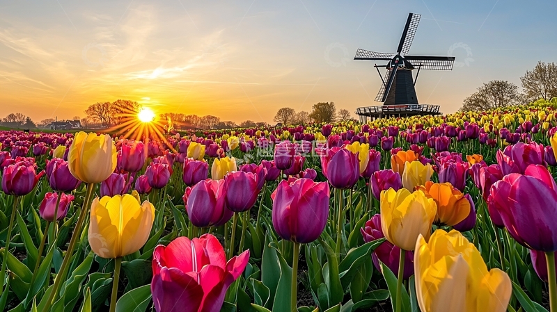 高清大图下载【趣麦麦图】郁金香花田中的风车日落美景