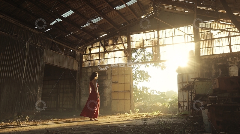 高清大图下载【趣麦麦图】废墟中红裙女子