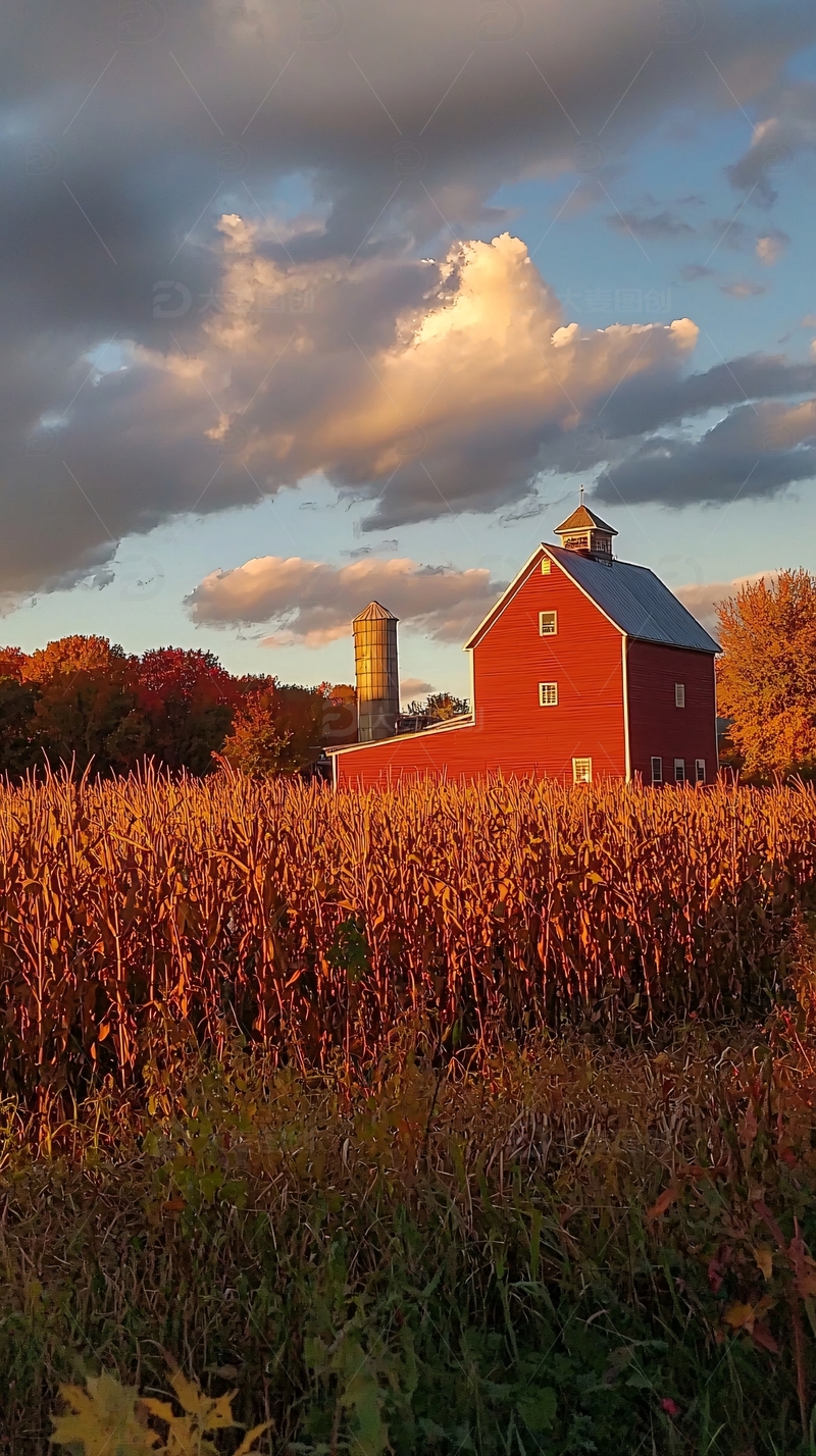 高清大图下载【趣麦麦图】秋日农场红谷仓日落