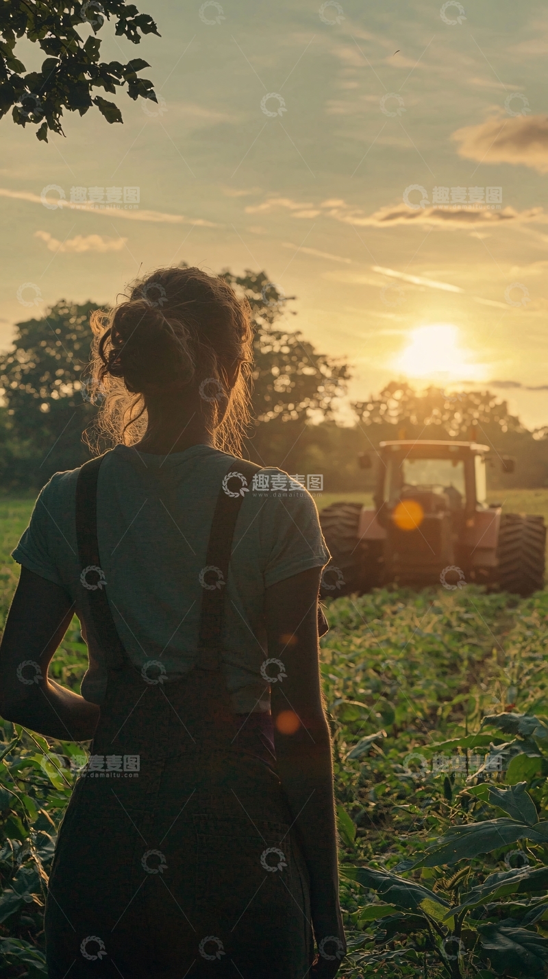 高清大图下载【趣麦麦图】夕阳下农田里的女农民