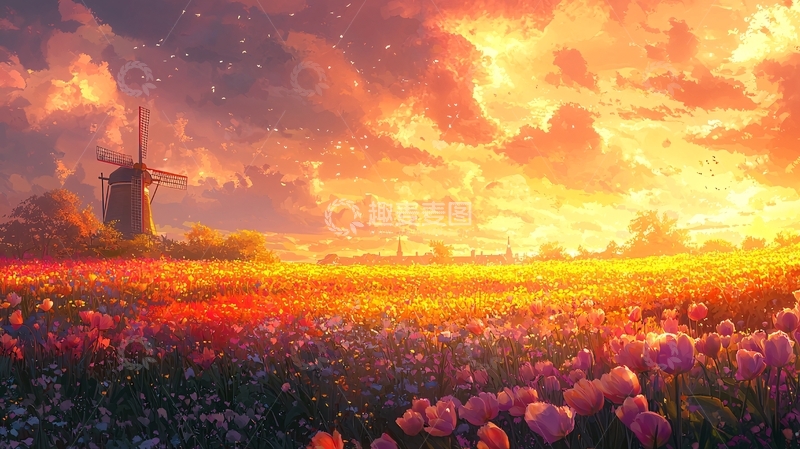 高清大图下载【趣麦麦图】夕阳下的花田风车