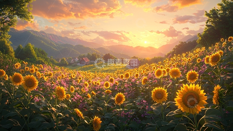高清大图下载【趣麦麦图】向日葵花田日落美景