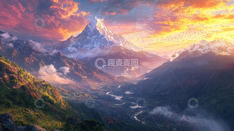 高清大图下载【趣麦麦图】壮丽雪山日出山谷风光