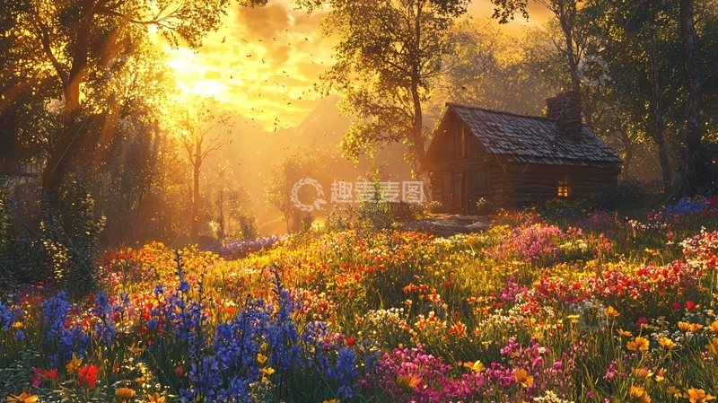 高清大图下载【趣麦麦图】林间小屋鲜花盛开的画面