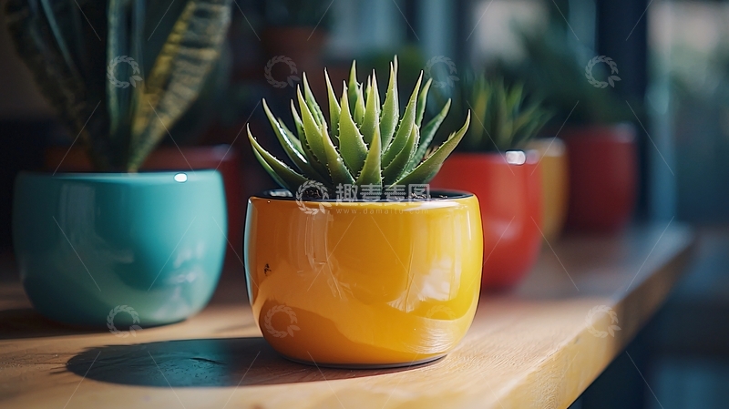 高清大图下载【趣麦麦图】彩色花盆里的绿色植物