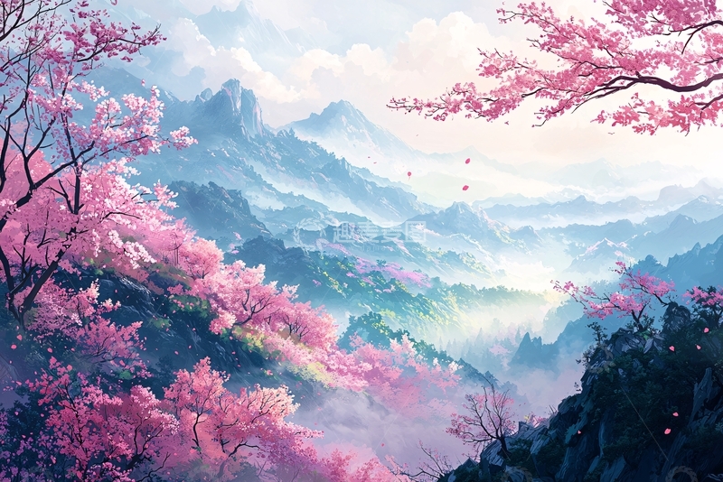 高清大图下载【趣麦麦图】粉色樱花山水水墨画