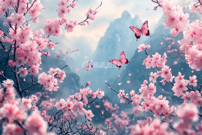 高清大图下载【趣麦麦图】粉色樱花蝴蝶唯美背景