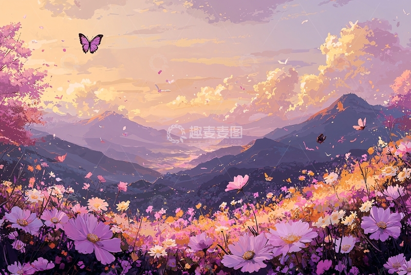 高清大图下载【趣麦麦图】梦幻粉色花海山谷