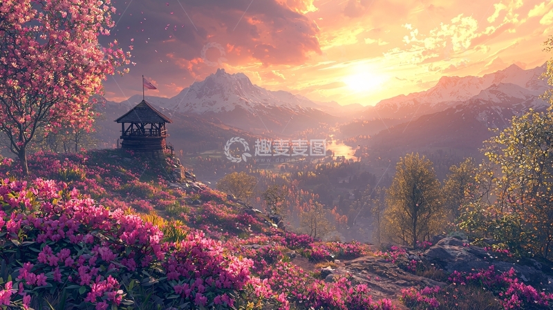 高清大图下载【趣麦麦图】夕阳下粉色花海山峦景色