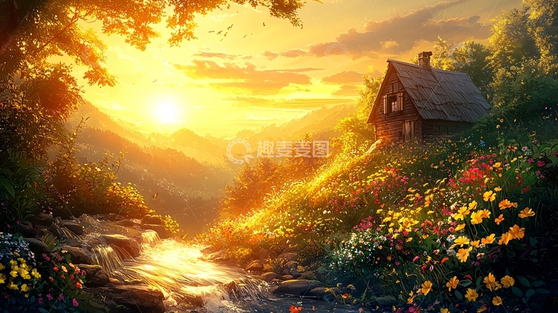 高清大图下载【趣麦麦图】金色阳光下的山谷小屋