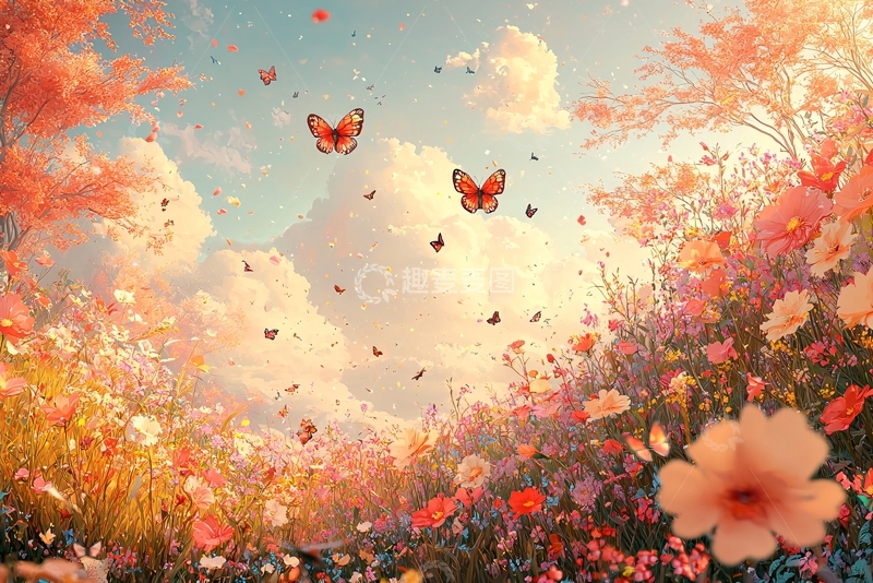 高清大图下载【趣麦麦图】鲜花盛开蝴蝶飞舞的梦幻场景