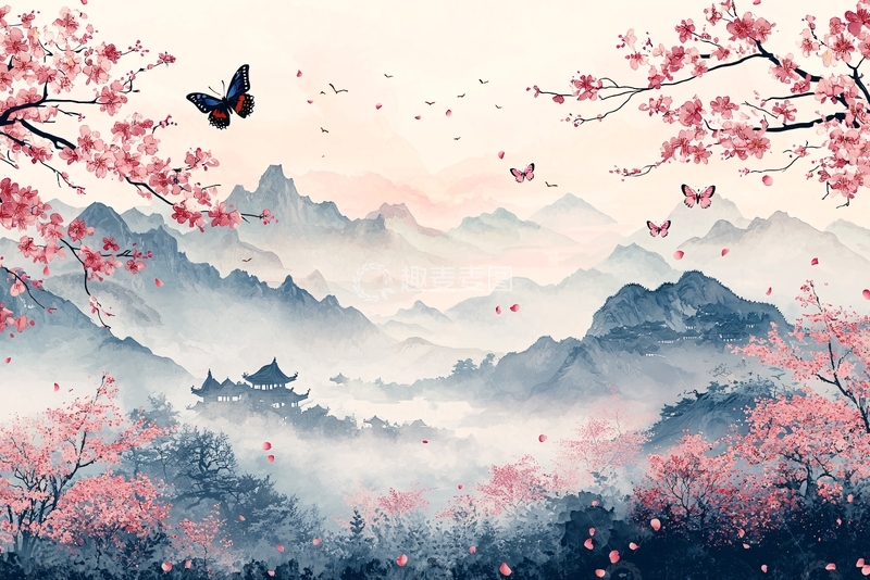 高清大图下载【趣麦麦图】水墨山水桃花蝴蝶