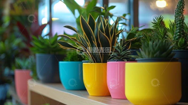 高清大图下载【趣麦麦图】彩色花盆里的绿植