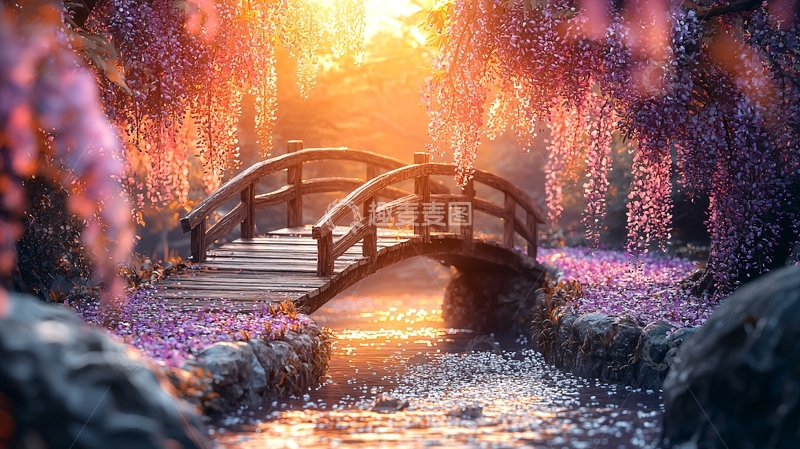 高清大图下载【趣麦麦图】夕阳下的紫藤花桥