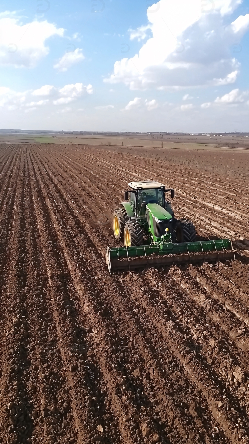 高清大图下载【趣麦麦图】田间耕作的绿色拖拉机