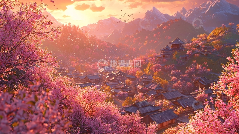 高清大图下载【趣麦麦图】粉色樱花山水画风唯美意境
