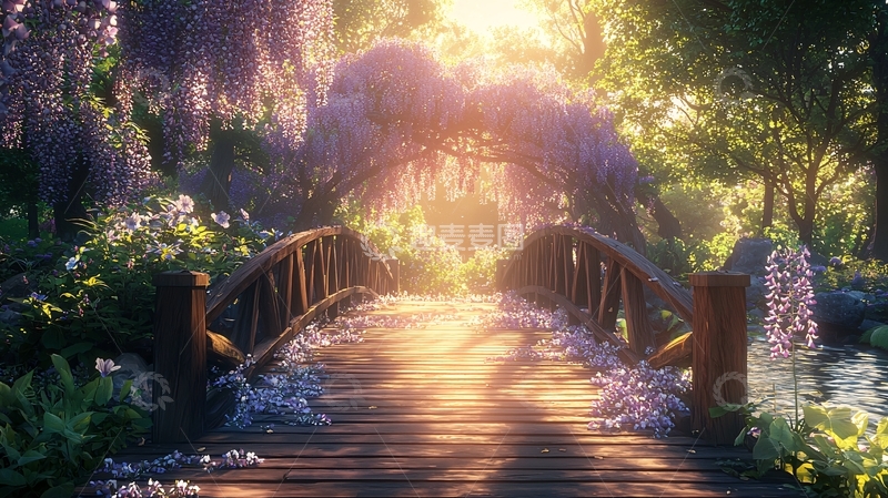 高清大图下载【趣麦麦图】阳光下的紫藤花桥