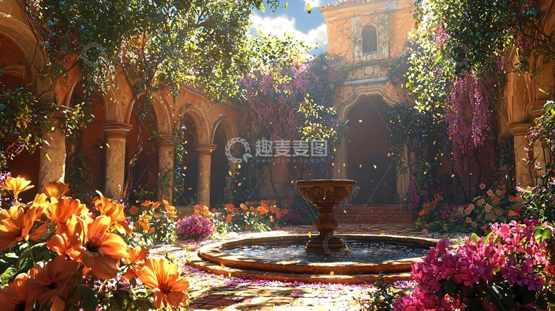 高清大图下载【趣麦麦图】鲜花环绕的庭院