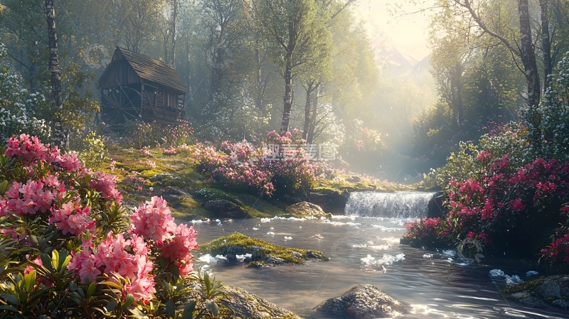 高清大图下载【趣麦麦图】森林小屋流水花朵