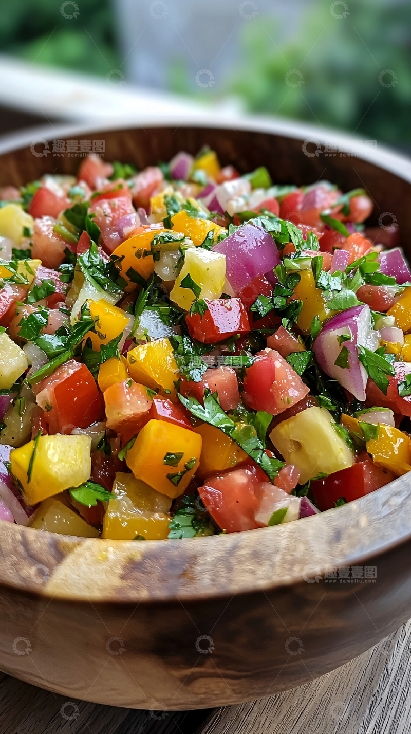 高清大图下载【趣麦麦图】木碗里色彩鲜艳的莎莎酱
