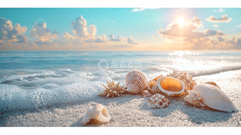 高清大图下载【趣麦麦图】海滩上的贝壳与日出