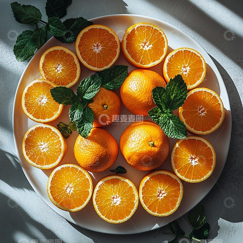 高清大图下载【趣麦麦图】鲜切橙子与薄荷叶