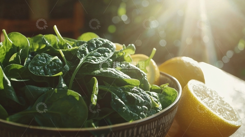 高清大图下载【趣麦麦图】阳光下新鲜菠菜和柠檬