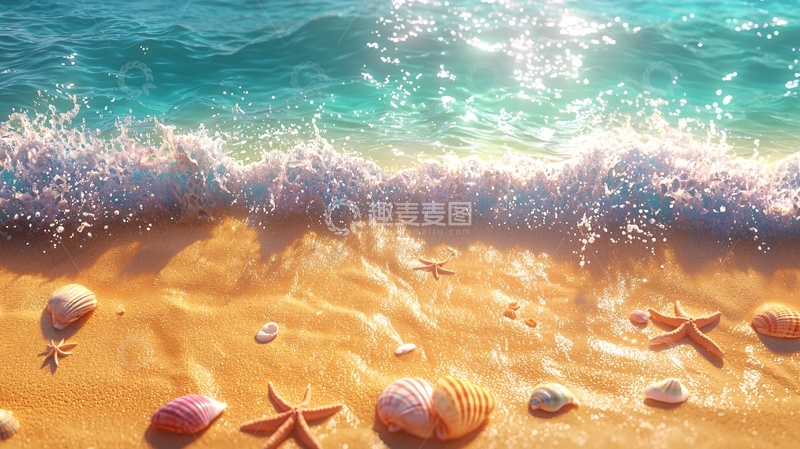 高清大图下载【趣麦麦图】海滩波浪和沙滩上的贝壳