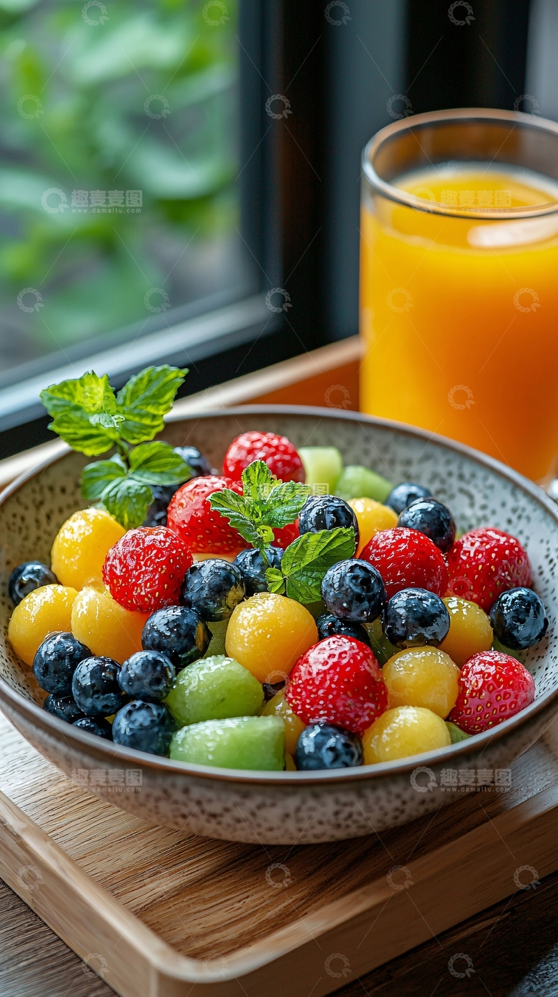 高清大图下载【趣麦麦图】水果沙拉与橙汁