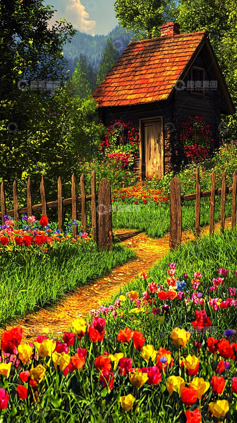 高清大图下载【趣麦麦图】田园小屋鲜花盛开