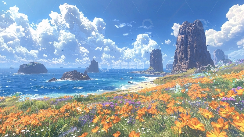 高清大图下载【趣麦麦图】阳光沙滩花海礁石