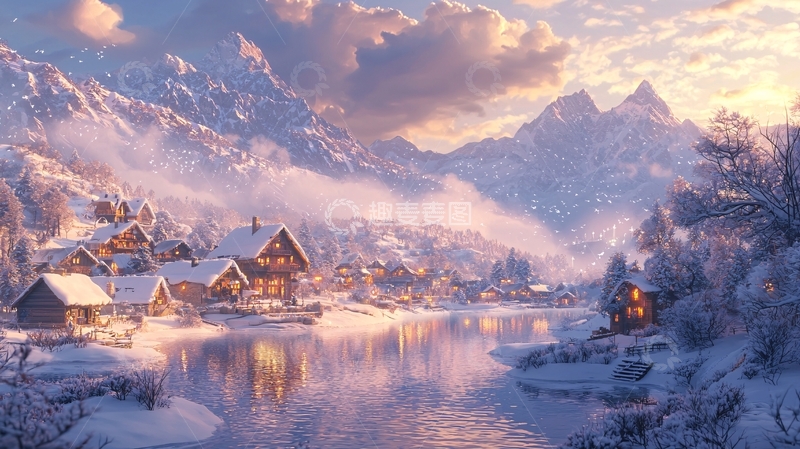 高清大图下载【趣麦麦图】雪山下的宁静村庄